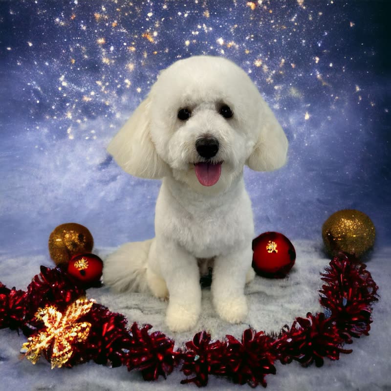 A white Bichon on a fur rug against a starry blue backdrop with baubles and tinsel