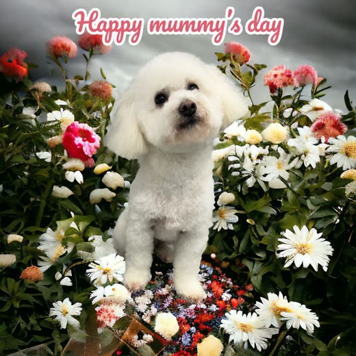 A freshly groomed white Bichon in a studio flower-bed backdrop